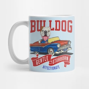 Cute and funny bulldog in a retro vintage car using red white and blue flags Mug